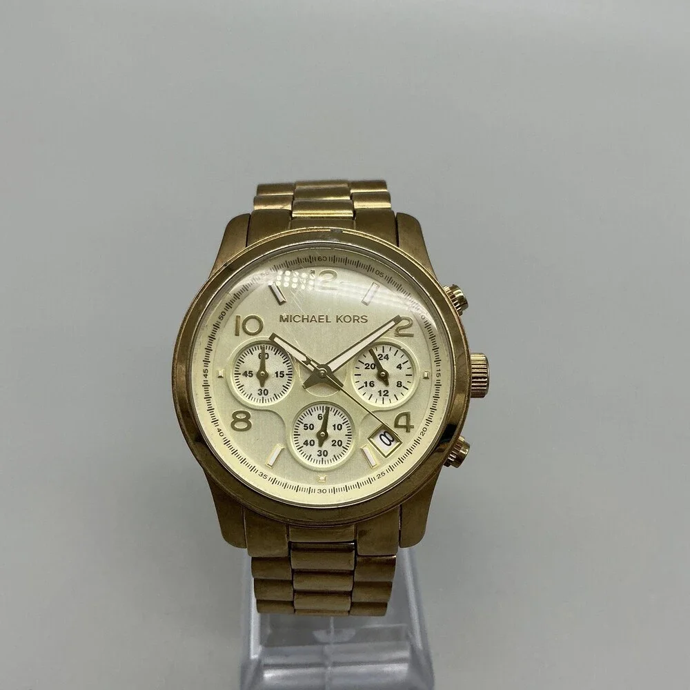 Michael Kors MK-5055 Womens Watch 37mm Gold Tone Chronograph New Battery 6.75